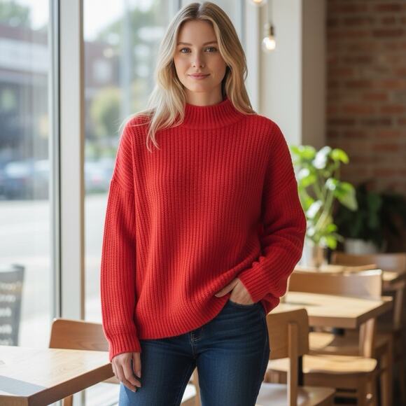 GAP Shaker Stitch Turtleneck Sweater Red Fisherman Chunky Knit Sz Large Holiday - Picture 8 of 12